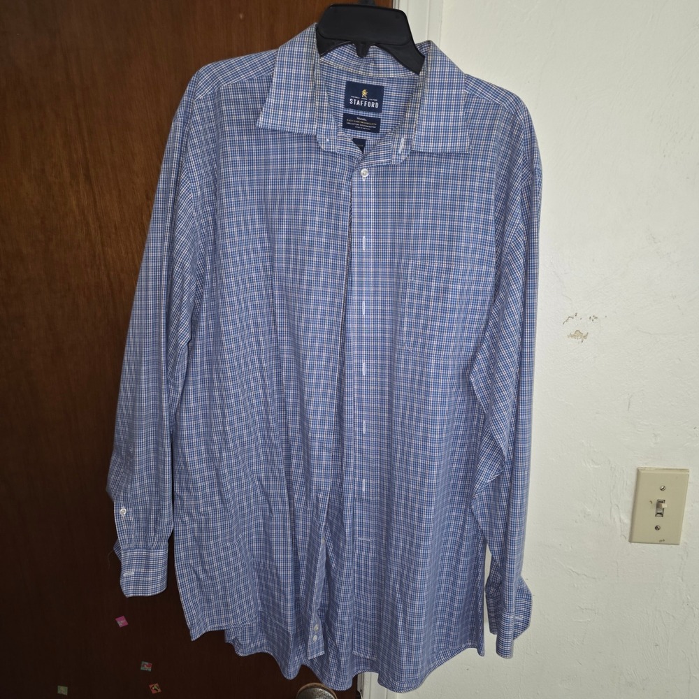 Stafford Travel Dress Shirt Men's 18 36-37 Blue Plaid Regular Fit Easy Care